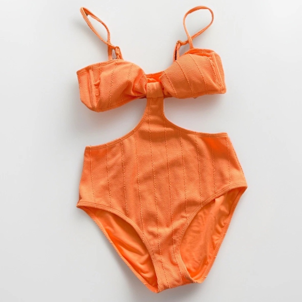 Neon Orange Popcorn One Piece Swimwear Cheeky Cut Out Swimsuit Size XS NWT